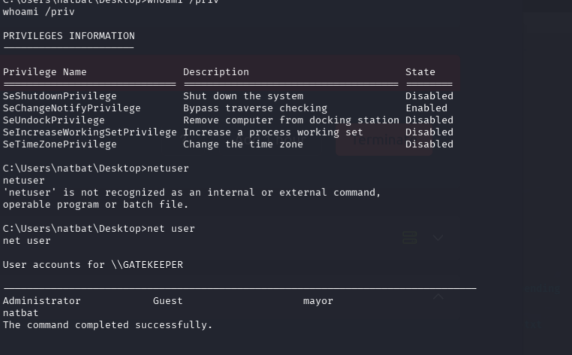 whoami /priv and net user output showing available accounts